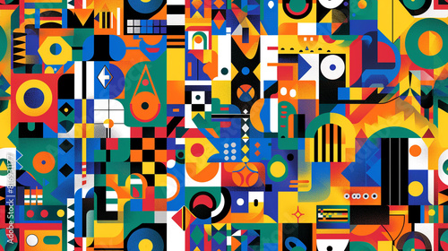 A colorful collage of shapes and patterns. The image is a work of art that is made up of many different shapes and colors. Scene is one of creativity and imagination