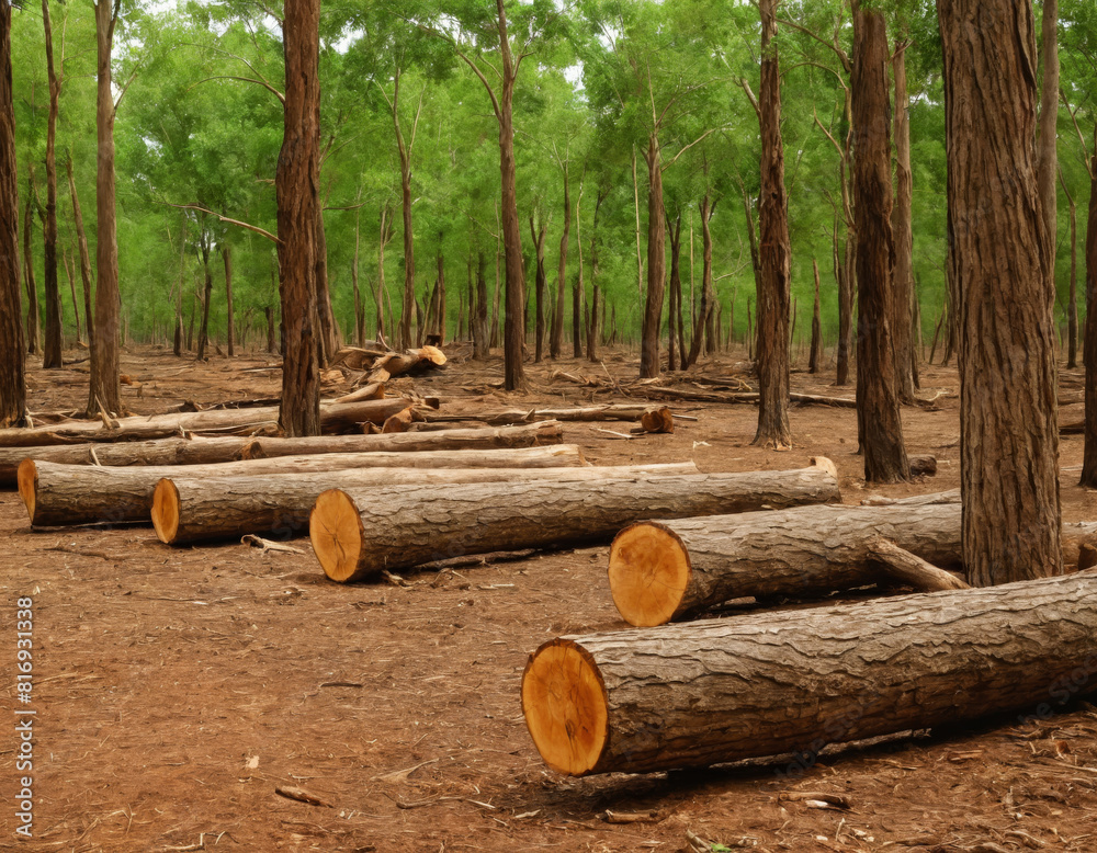 Logging Site with Cut Tree Logs in a Green Forest Logging Site with Cut Tree Logs in a Green Forest