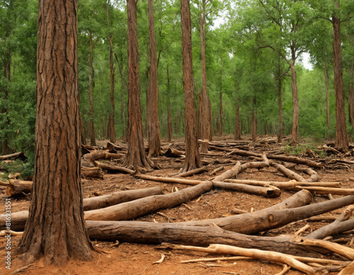Forest with Fallen Logs on the Forest Floor and Lush Green Trees