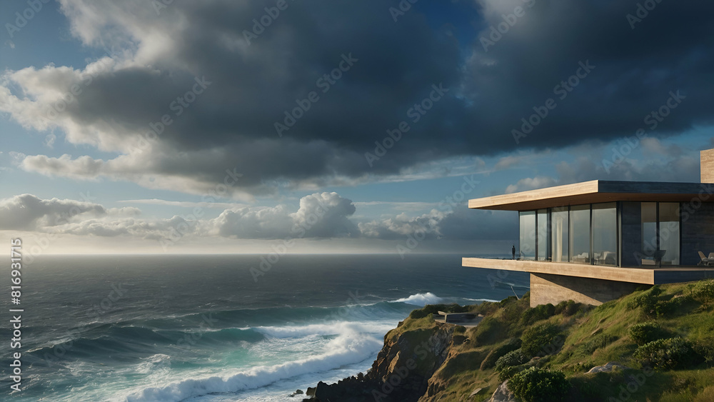 A modern house perched on the edge of a cliff overlooking the ocean A modern house perched on the edge of a cliff overlooking the ocean