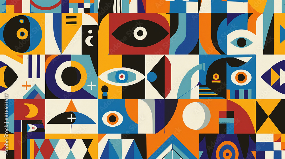 A colorful collage of shapes and patterns. The image is a work of art that is made up of many different shapes and colors. Scene is one of creativity and imagination A colorful collage of shapes and patterns. The image is a work of art that is made up of many different shapes and colors. Scene is one of creativity and imagination