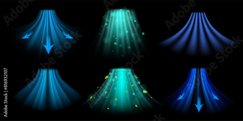 Dynamic airflow overlay. Fresh air circulation for air purification, ventilation or conditioning visualization. Breeze vector illustration set