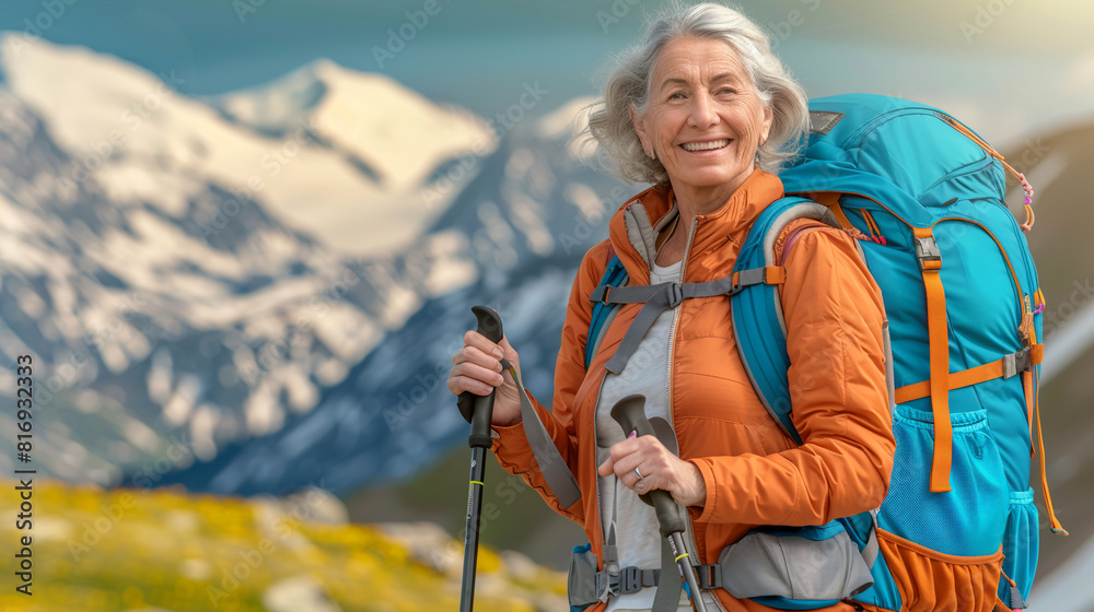 Happy smiling active elderly woman wearing orange jacket hiking in the mountain with blue backpack. Active healthy lifestyle concept. Happy smiling active elderly woman wearing orange jacket hiking in the mountain with blue backpack. Active healthy lifestyle concept.