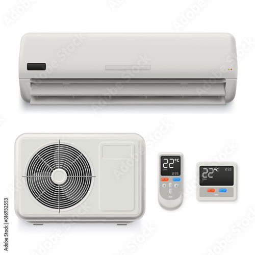Realistic split system air conditioner. Home cooling equipment, external unit, thermostat and remote control isolated vector illustration set
