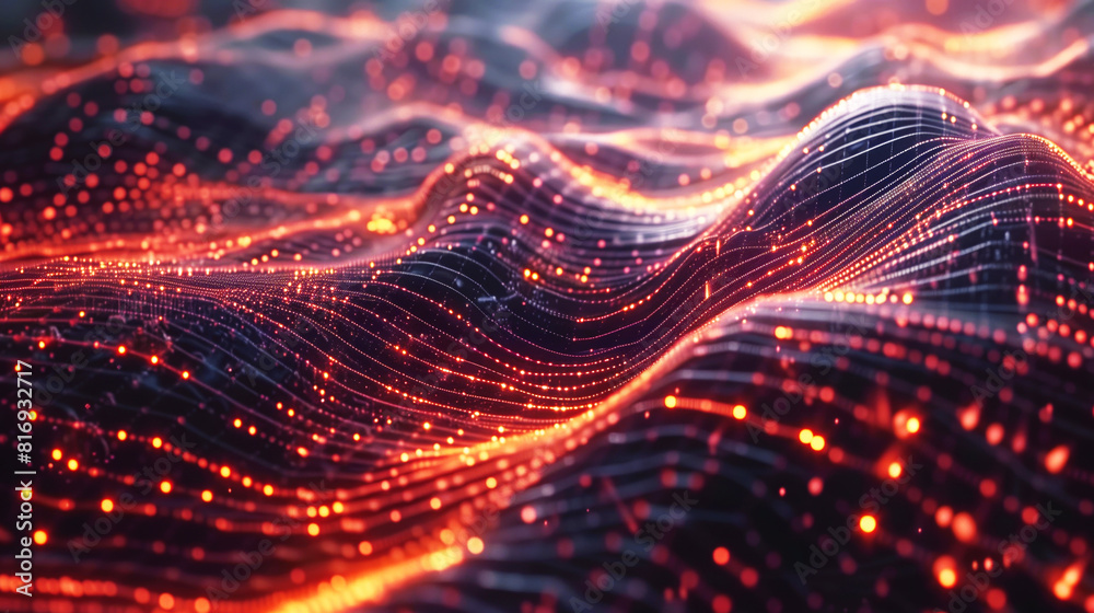 Abstract digital landscape composed of wavy lines and glowing red-orange particles, creating a futuristic, data-driven visual of technology and connectivity. Abstract digital landscape composed of wavy lines and glowing red-orange particles, creating a futuristic, data-driven visual of technology and connectivity.