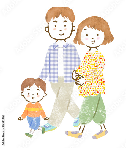 妊婦さん夫婦とお兄ちゃんの3人家族の手描きイラスト	
