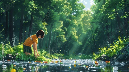 Environment Care, A person picking up litter in a forest, contributing to keeping nature clean. Illustration image, Minimal Style, Clean and Clear Color,