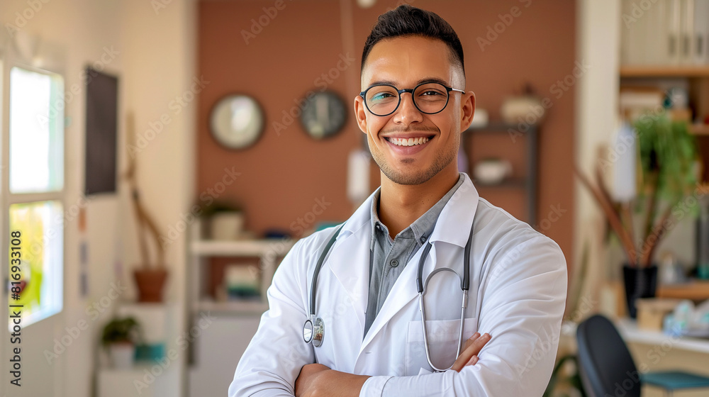 Smiling confident Korean Asian male pediatrist doctor in white lab coat and stethoscope at workplace. Medicine, healthcare, profession concept. Smiling confident Korean Asian male pediatrist doctor in white lab coat and stethoscope at workplace. Medicine, healthcare, profession concept.