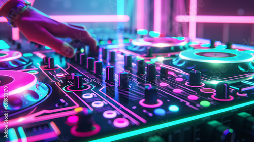 A close-up of a DJ mixing console with vibrant neon lights, showing a hand adjusting the controls, capturing the dynamic atmosphere of a nightclub or music event.