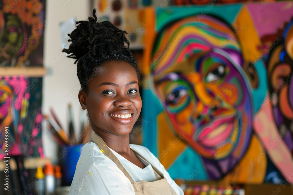 Happy smiling African American female artist in apron in art studio with bright colorful paintings. Happy smiling African American female artist in apron in art studio with bright colorful paintings.