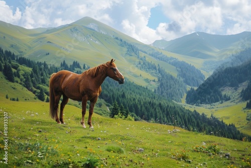 Horse in field with mountains and grass, under cloudy sky