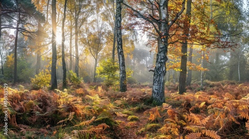 A sunny autumn morning in a diverse forest
