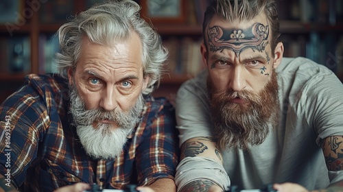 Vibrant gaming tattooed friends in spirited video game duel embrace joyful competition