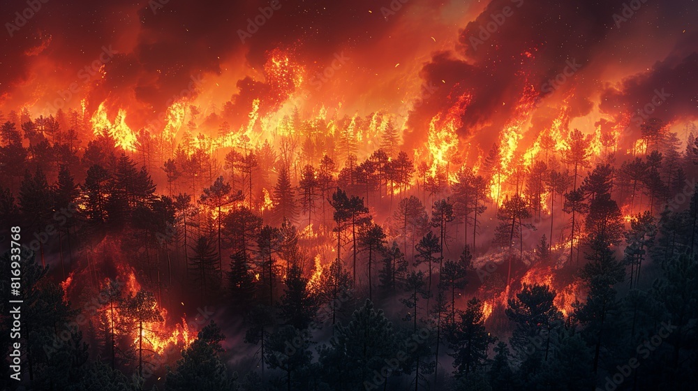 Environment concept, A forest area devastated by wildfires, with smoke and flames. Illustration image, Minimal Style, Clean and Clear Color, Environment concept, A forest area devastated by wildfires, with smoke and flames. Illustration image, Minimal Style, Clean and Clear Color,