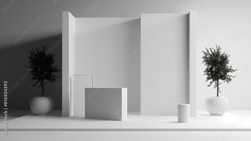 Minimalistic white architectural space with geometric shapes, including columns, blocks, and cylindrical structures, complemented by two potted trees on either side. Minimalistic white architectural space with geometric shapes, including columns, blocks, and cylindrical structures, complemented by two potted trees on either side.