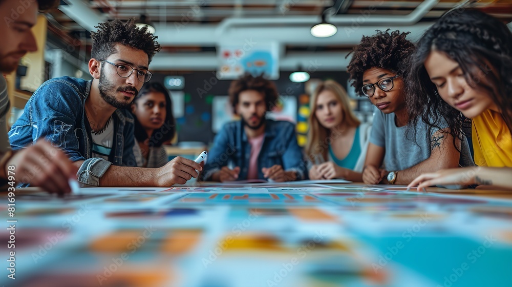 A diverse group of individuals seated around a table, engaged in conversations and activities A diverse group of individuals seated around a table, engaged in conversations and activities