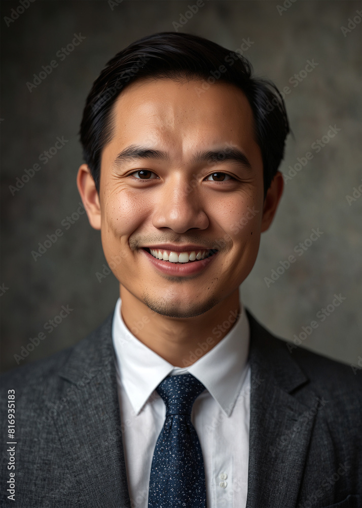 close-up of a smiling Asian businessman in a sharp suit close-up of a smiling Asian businessman in a sharp suit