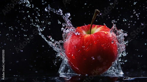 red apple floating in a puddle. An apple surrounded by water droplets creates a moving and lively impression. photo