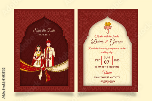 Vector wedding invitation template layout with indian faceless couple image in brick red and beige