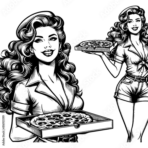 Pin-up vintage waitress in classic uniforms, with pizza sketch engraving generative ai fictional character PNG illustration. Scratch board imitation. Black and white image. photo