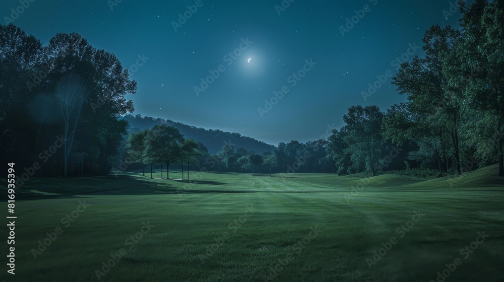 Night sky with stars and moon over a green field