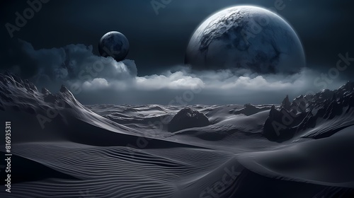 Digital technology black and white planet and desert landscape poster background