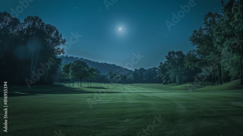 Night sky with stars and moon over a green field © Yusif