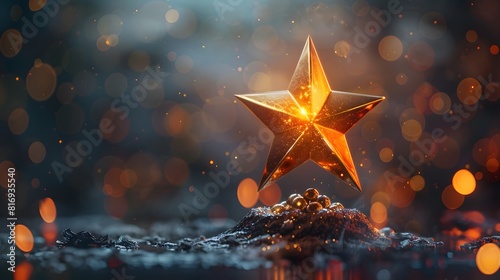 3D rendering of a golden star trophy on a pedestal with a dark background.
