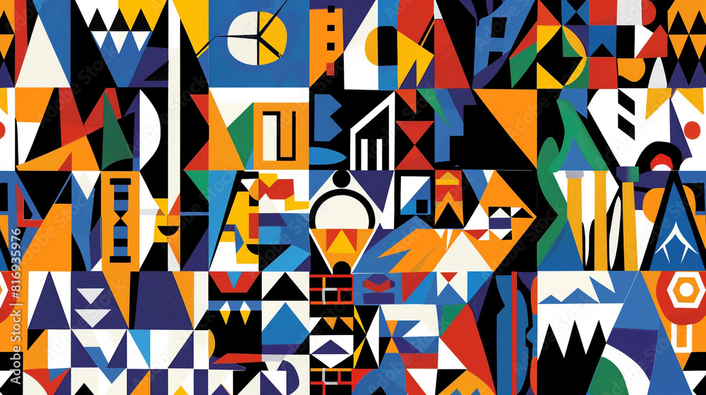 A colorful collage of shapes and patterns. The image is a work of art that is made up of many different shapes and colors. Scene is one of creativity and imagination A colorful collage of shapes and patterns. The image is a work of art that is made up of many different shapes and colors. Scene is one of creativity and imagination