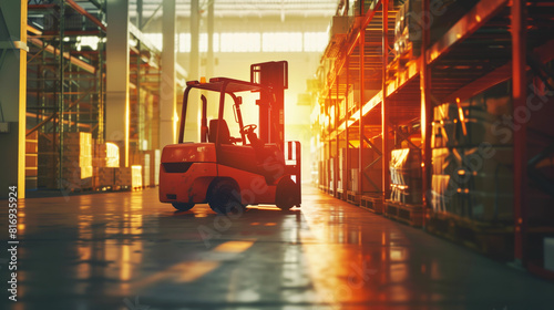 Forklift in a spacious warehouse with large shelves filled with boxes and goods. Sunlight filters through high windows, casting a warm glow over the industrial setting. © Natalia