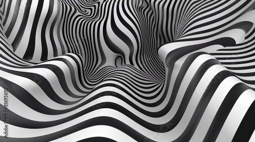 Black and white wavy stripes create a dynamic  abstract optical illusion effect  evoking a sense of fluid motion and depth.