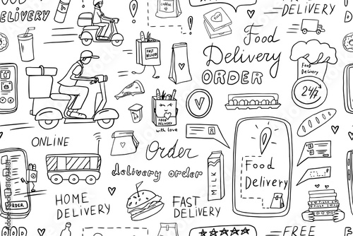Seamless pattern of food delivery, delivery order and deliveryman. Healthy food and fast food. Doodle style. Hand drawn. Great for menu design, banners, sites, packaging. Vector illustration EPS10