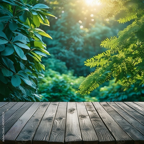 a weathered wooden table against a backdrop of lush foliage, with a soft focus adding depth and dimension to the scene. photo