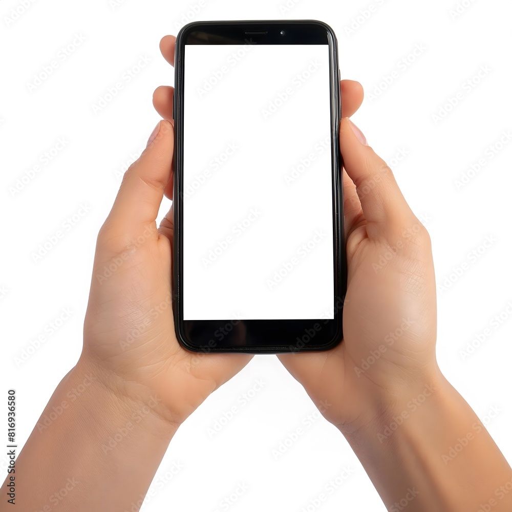 Hands holding mobile phone with blank screen, on a white background Hands holding mobile phone with blank screen, on a white background