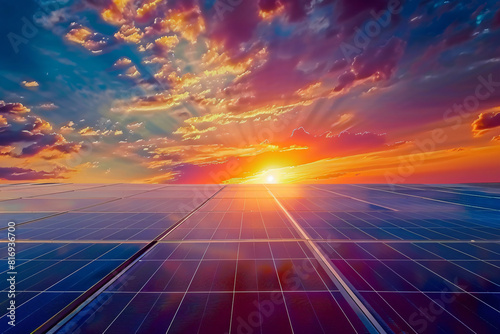 Solar Panels Under Sunlight Sunset - Generative AI.