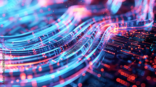 Abstract digital representation of data flowing through interconnected circuits with bright  luminous lines and particles  showcasing advanced technology and communication.
