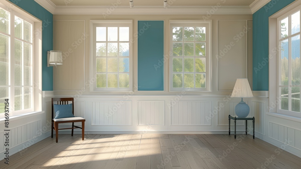 Fototapeta premium Modern Living Room with Light Blue Decor and Minimalistic Furniture, Bright and Airy Interior, Ideal for Contemporary Home Design and Comfort