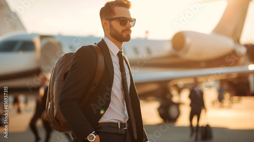 Corporate Executive: Black Suit and Leather Backpack in Private Jet Scene