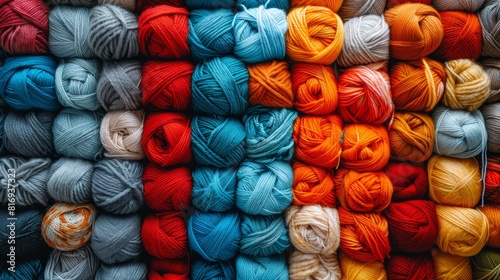 Colorful yarn balls neatly arranged on rustic wooden table for a vibrant and organized display