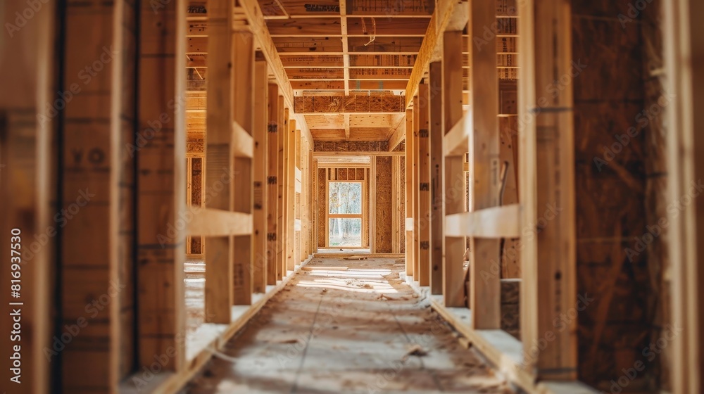 Wood frame construction site of a future home, focused on the early stages of building a story house, showcasing structural details Wood frame construction site of a future home, focused on the early stages of building a story house, showcasing structural details