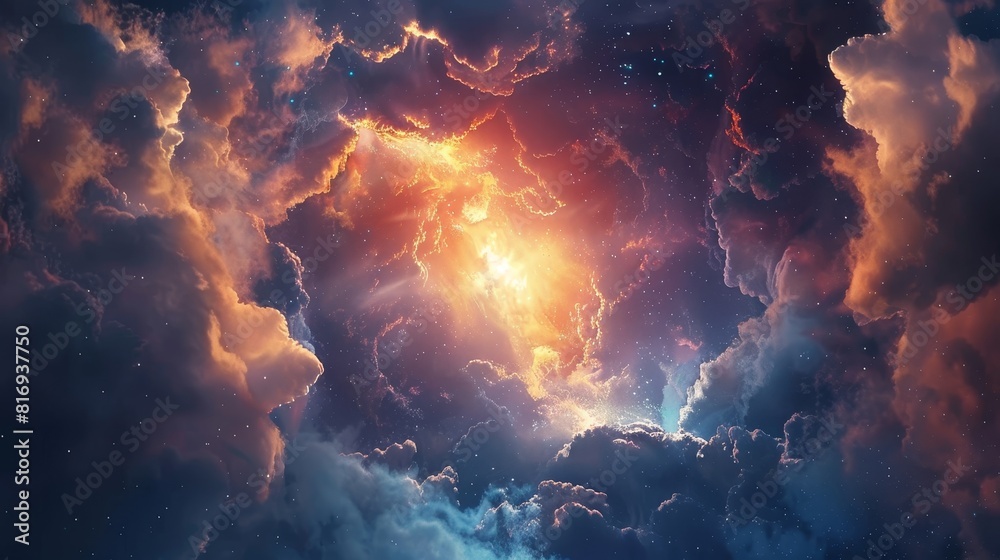 Vivid depiction of a portal in the sky, opening to show a luminous passage, leading to mysterious new dimensions Vivid depiction of a portal in the sky, opening to show a luminous passage, leading to mysterious new dimensions
