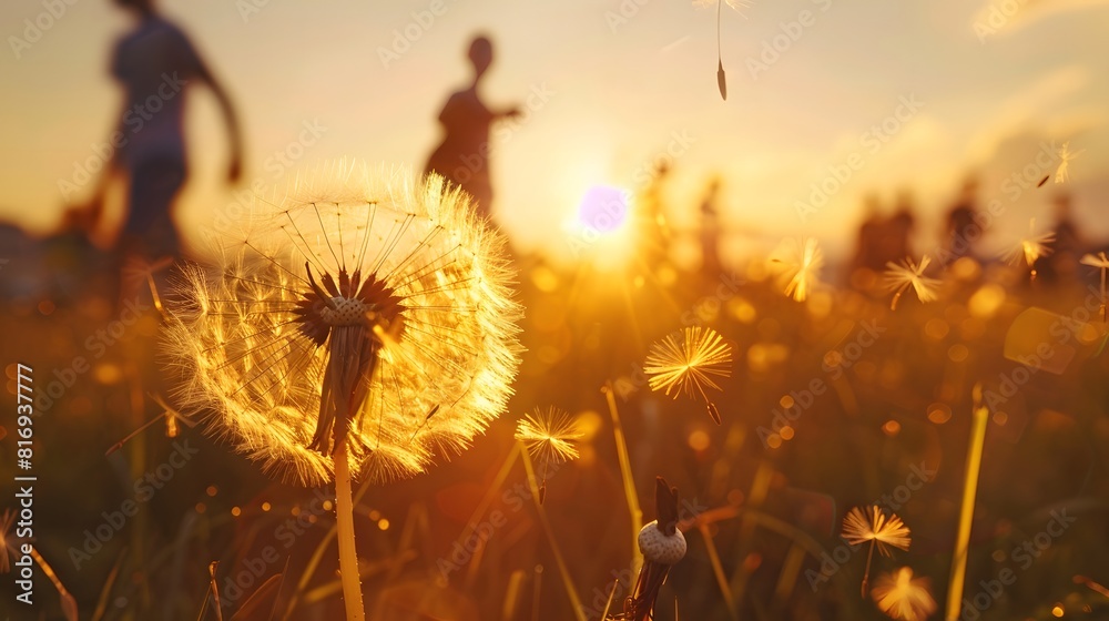 A dandelion with seeds blowing in the wind against a blurred background of an outdoor scene, symbolizing freedom and joy.
