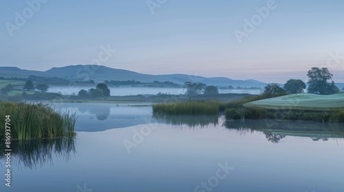 Peaceful morning mist over a lake with reflections of trees © Yusif