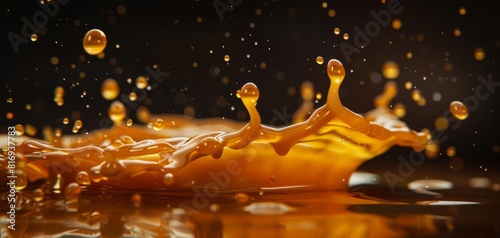 Macro shot of a caramel splash, with droplets detailed like precious jewels.