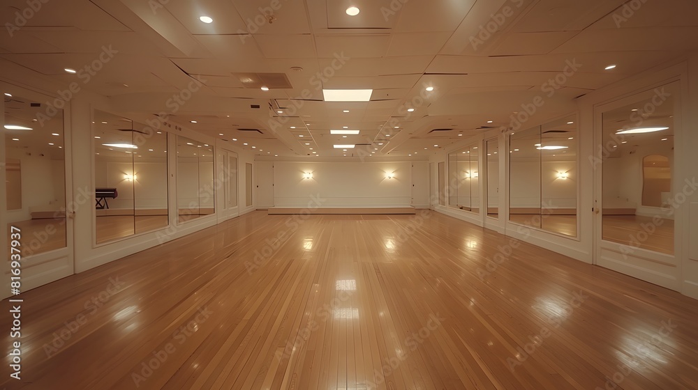 A large dance studio with mirrors on the wall and a wooden floor, white ceiling, and lights in the background.
