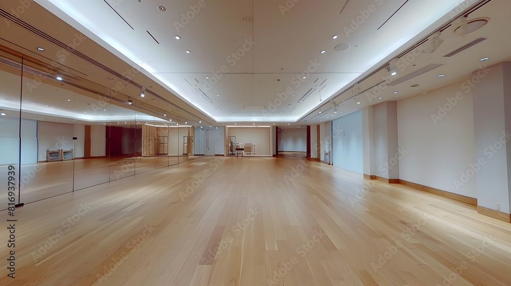 A large dance studio with mirrors on the wall and a wooden floor, white ceiling, and lights in the background.
