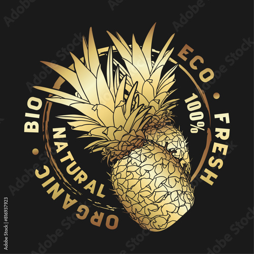 Sticker of tropical, natural, eco fruit pineapple.
Vector graphics. Illustration, EPS, CDR.