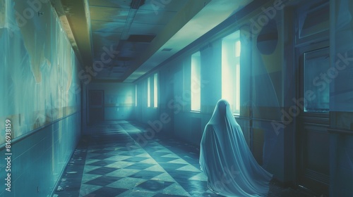 An iconic scene from an 1980s horror movie reimagined with Op art patterns and geometric elements, featuring a ghostly apparition in an abandoned hospital. Captured with a Sony A1 for a modern twist. photo