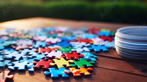  Puzzle pieces on a close-up table view 