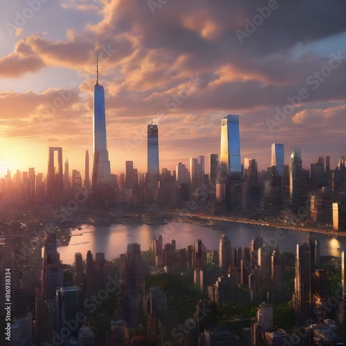 futuristic sunset New York City skyline 